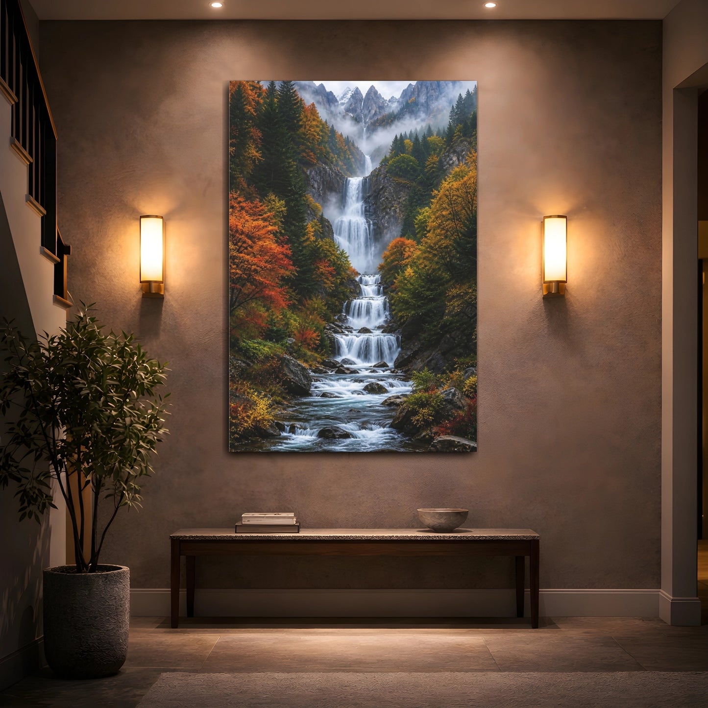 Nature Waterfall Autumn Mountain Canvas Wall Art Print - Realistic Decor for Living Room, Above Console Table shown as canvas wall art