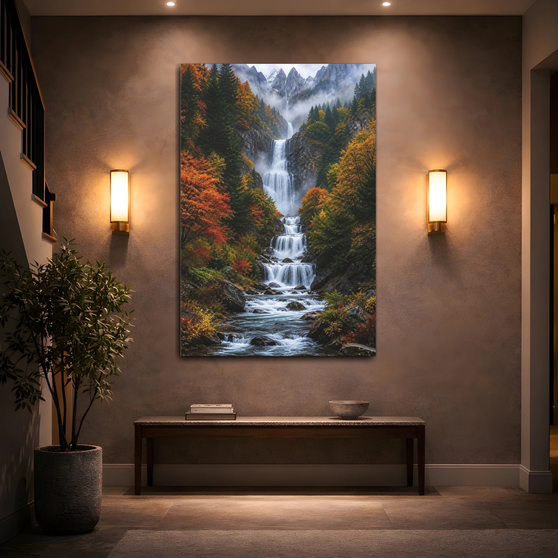 Nature Waterfall Autumn Mountain Canvas Wall Art Print - Realistic Decor for Living Room, Above Console Table shown as canvas wall art