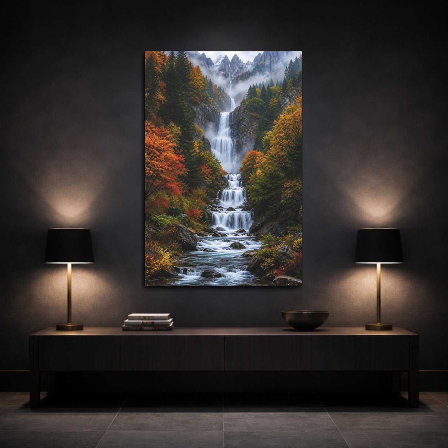 Nature Waterfall Autumn Mountain Canvas Wall Art Print - Realistic Decor for Living Room, Above Console Table shown as canvas wall art