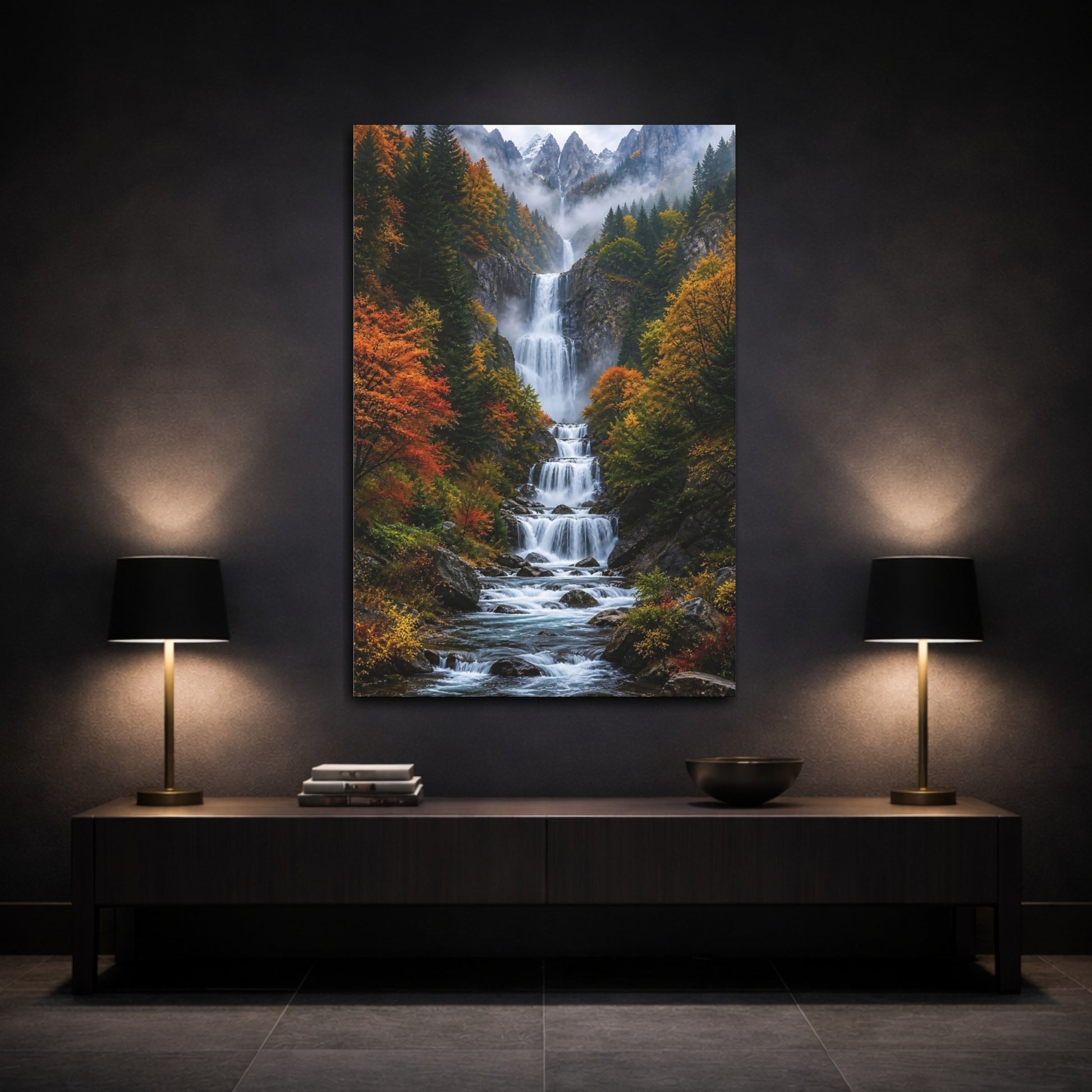Nature Waterfall Autumn Mountain Canvas Wall Art Print - Realistic Decor for Living Room, Above Console Table shown as canvas wall art