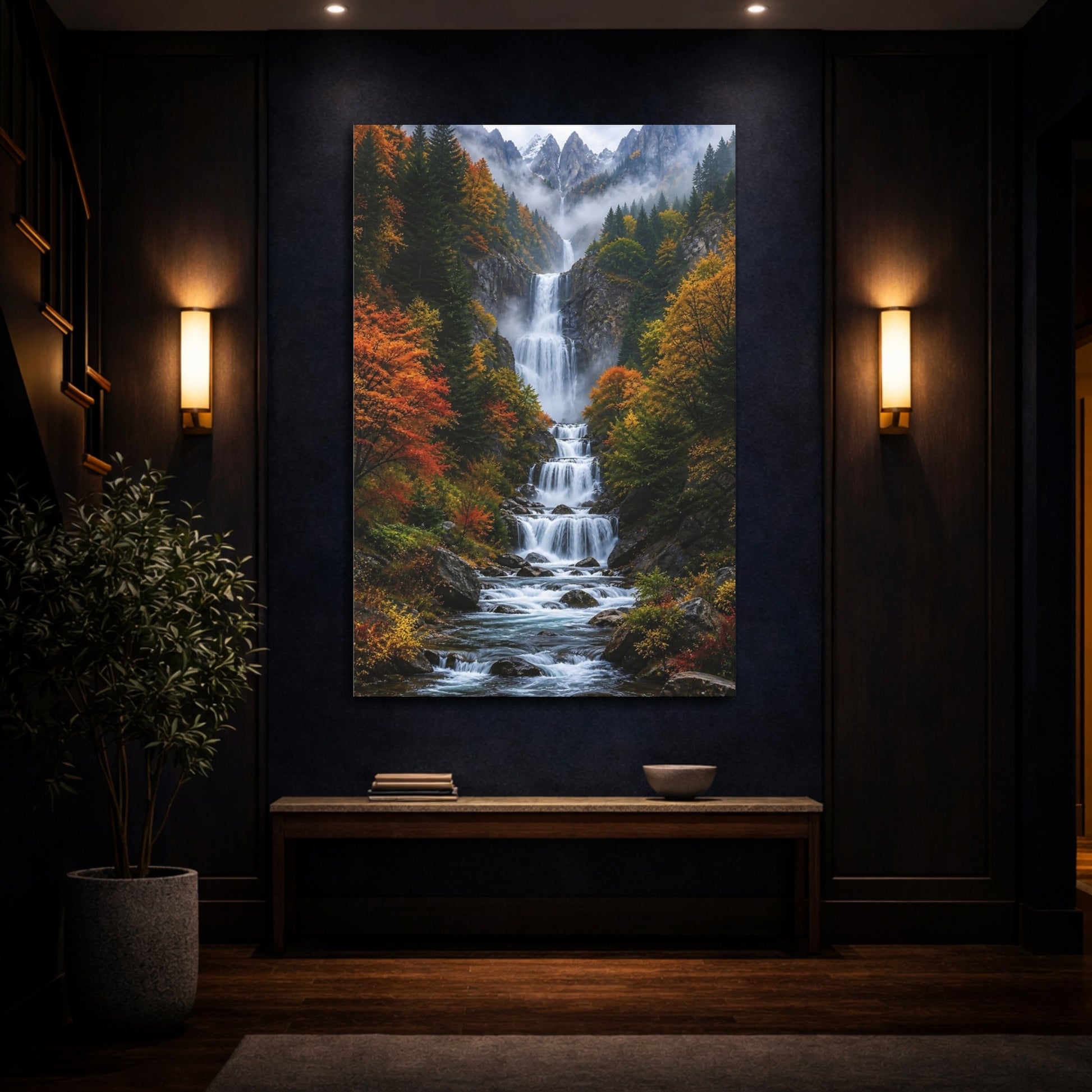 Nature Waterfall Autumn Mountain Canvas Wall Art Print - Realistic Decor for Living Room, Above Console Table shown as canvas wall art