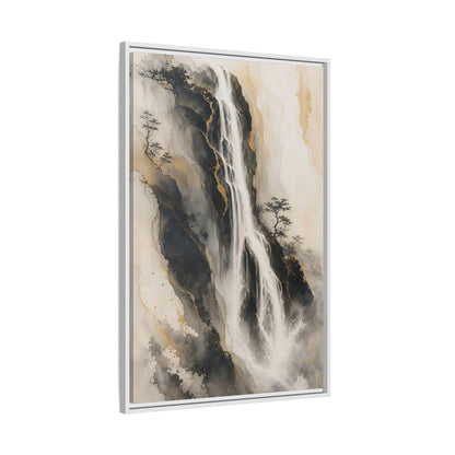 Nature Waterfall Black Gold Framed Canvas Wall Art - Living Room, Above Fireplace, Monochrome shown as canvas wall art