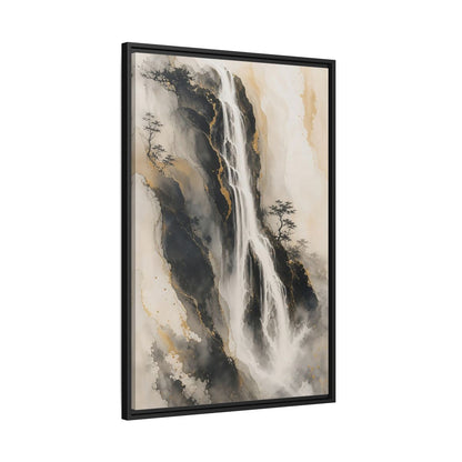 Nature Waterfall Black Gold Framed Canvas Wall Art - Living Room, Above Fireplace, Monochrome shown as canvas wall art