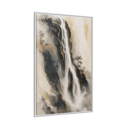 Nature Waterfall Black Gold Framed Canvas Wall Art - Living Room, Above Fireplace, Monochrome shown as canvas wall art