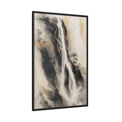 Nature Waterfall Black Gold Framed Canvas Wall Art - Living Room, Above Fireplace, Monochrome shown as canvas wall art