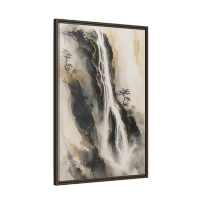 Nature Waterfall Black Gold Framed Canvas Wall Art - Living Room, Above Fireplace, Monochrome shown as canvas wall art