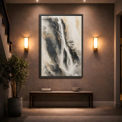 Nature Waterfall Black Gold Framed Canvas Wall Art - Living Room, Above Fireplace, Monochrome shown as canvas wall art