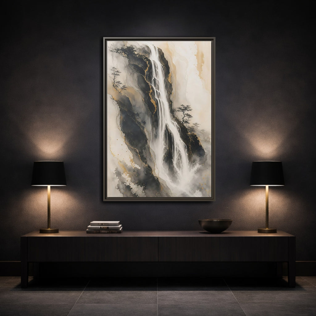 Mockup 3. Nature Waterfall Black Gold Waterfall shown as stretched canvas wall art