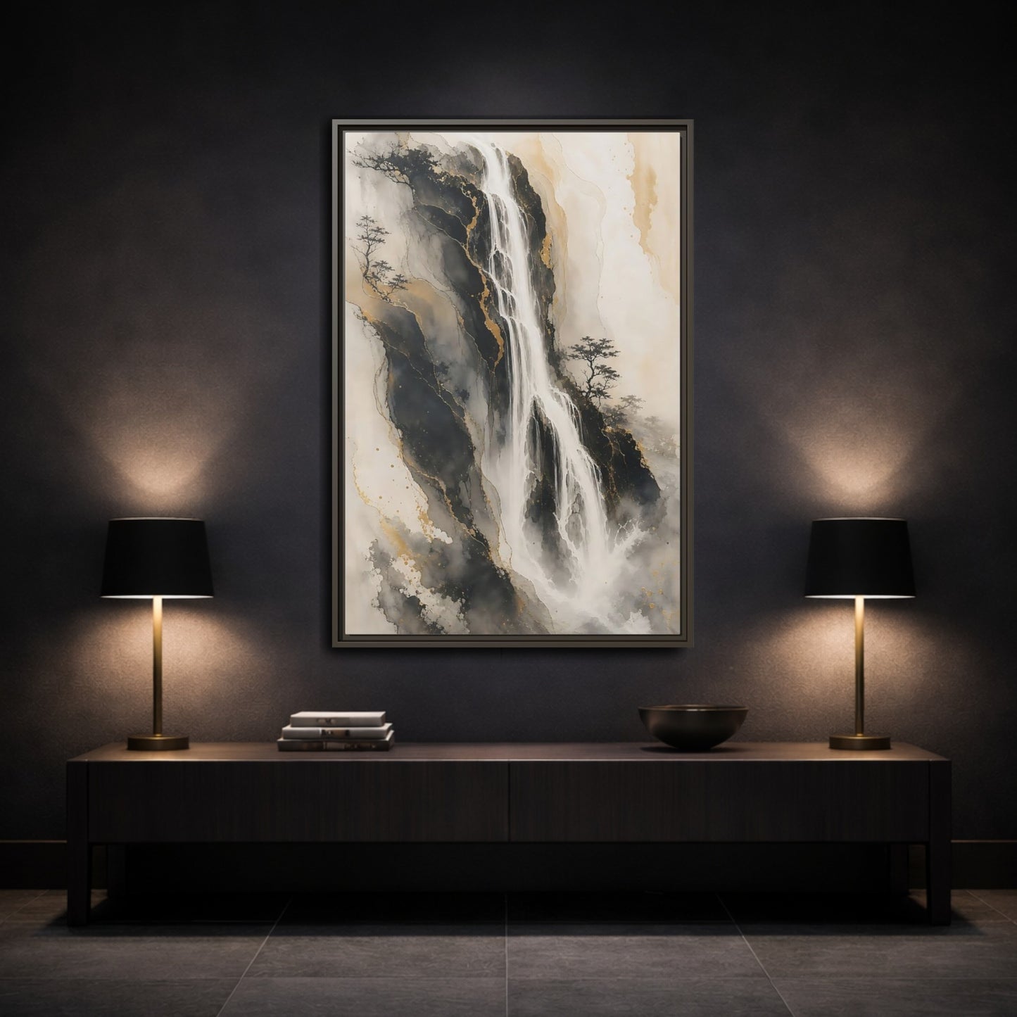 Nature Waterfall Black Gold Framed Canvas Wall Art - Living Room, Above Fireplace, Monochrome shown as canvas wall art