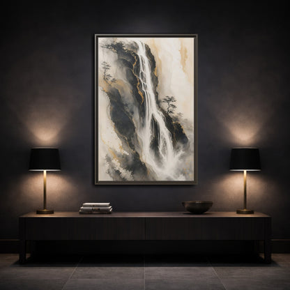 Nature Waterfall Black Gold Framed Canvas Wall Art - Living Room, Above Fireplace, Monochrome shown as canvas wall art