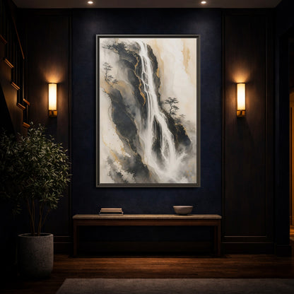 Nature Waterfall Black Gold Framed Canvas Wall Art - Living Room, Above Fireplace, Monochrome shown as canvas wall art