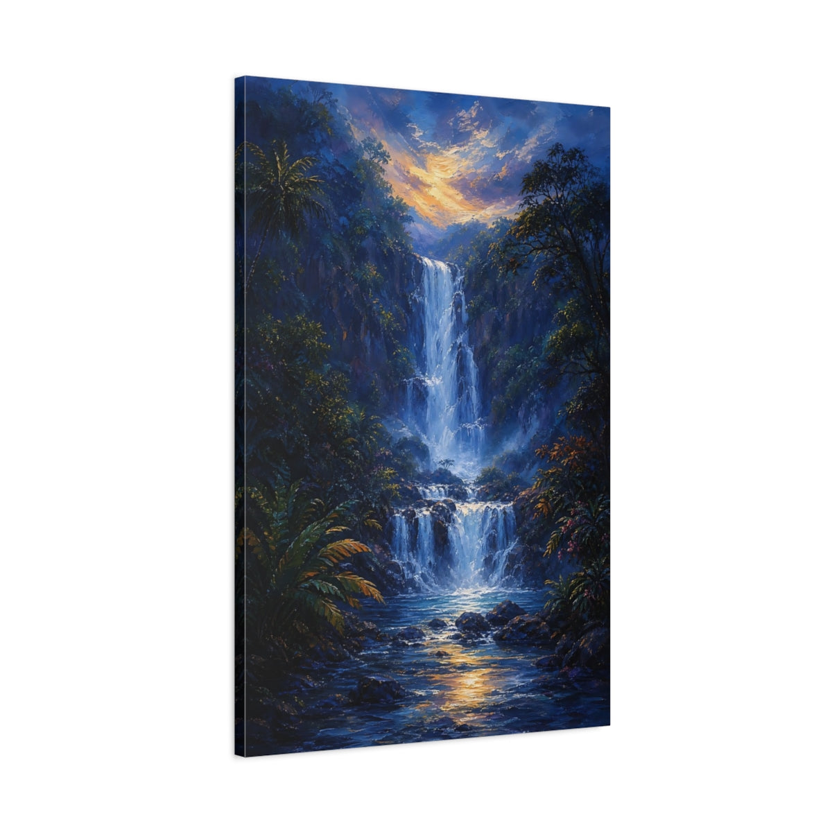 Main Mockup. Nature Waterfall Blue And Gold shown as stretched canvas wall art