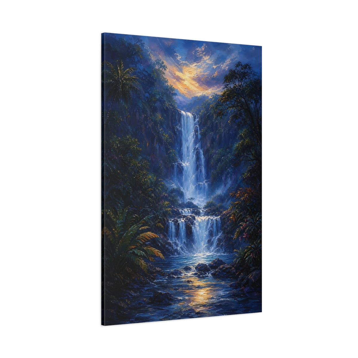Side Mockup 1. Nature Waterfall Blue And Gold shown as stretched canvas wall art
