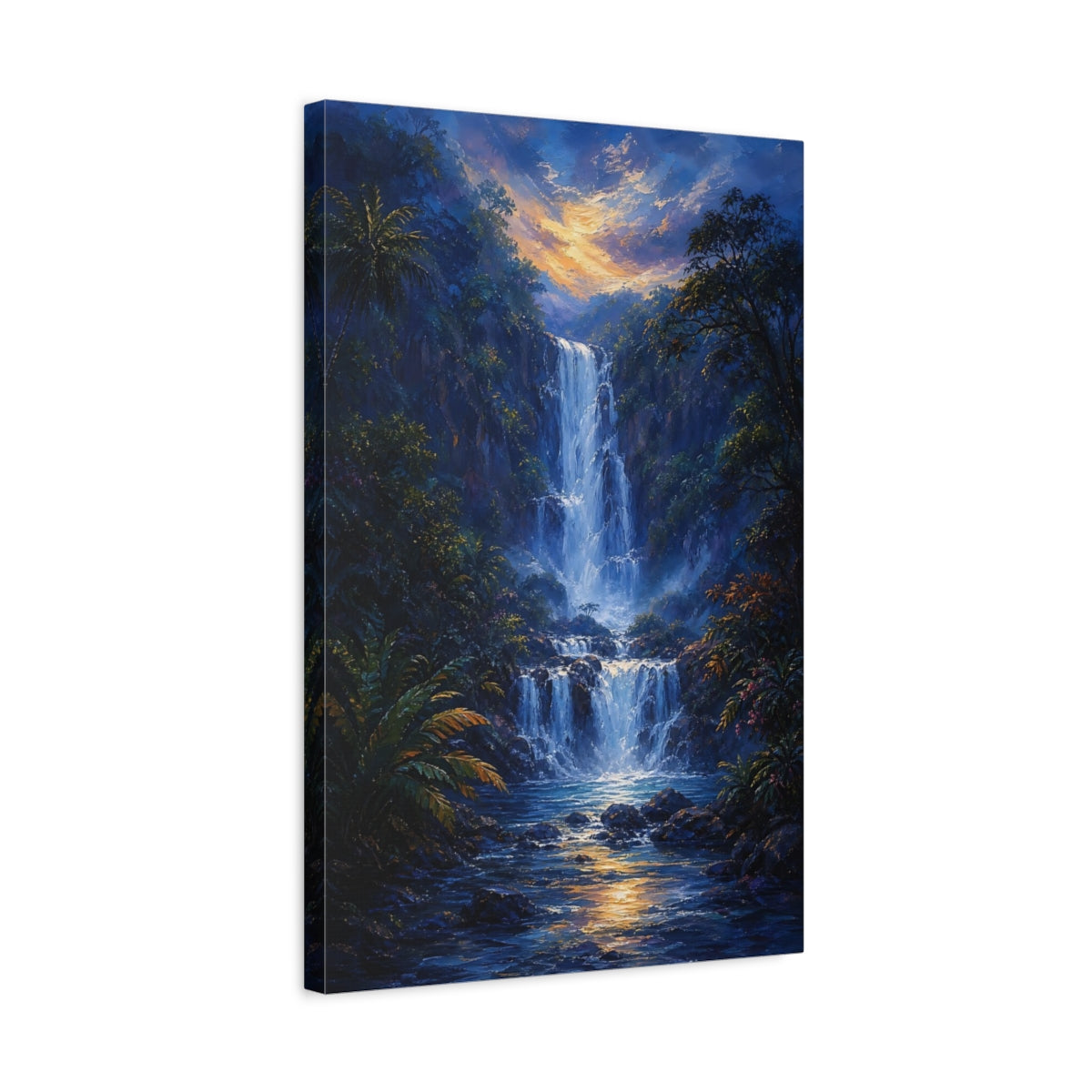 Side Mockup 3. Nature Waterfall Blue And Gold shown as stretched canvas wall art