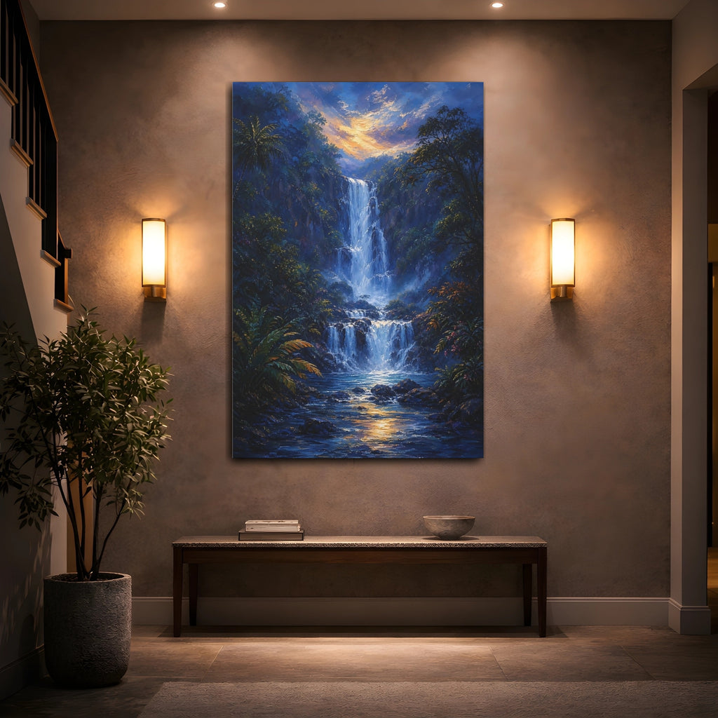 Mockup 2. Nature Waterfall Blue And Gold shown as stretched canvas wall art