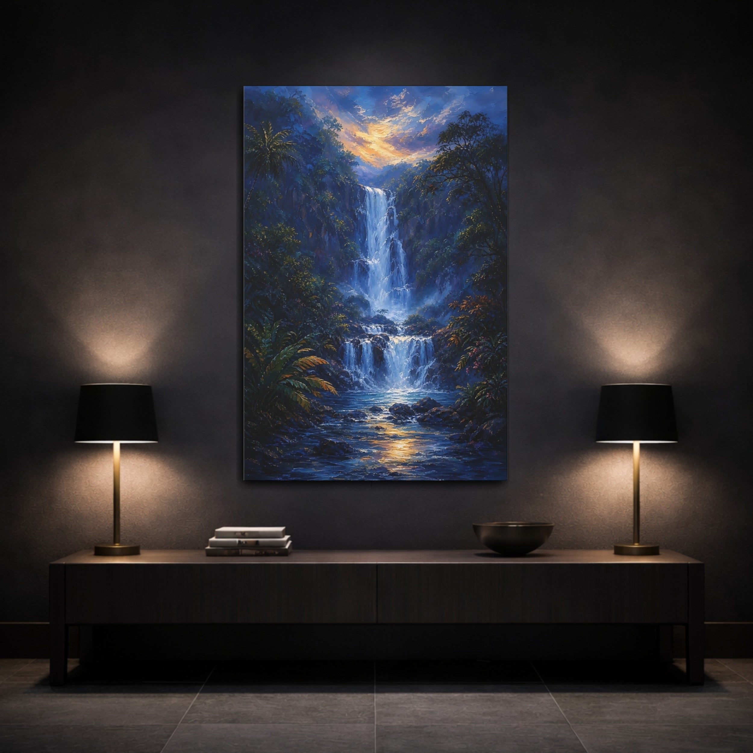 Mockup 3. Nature Waterfall Blue And Gold shown as stretched canvas wall art