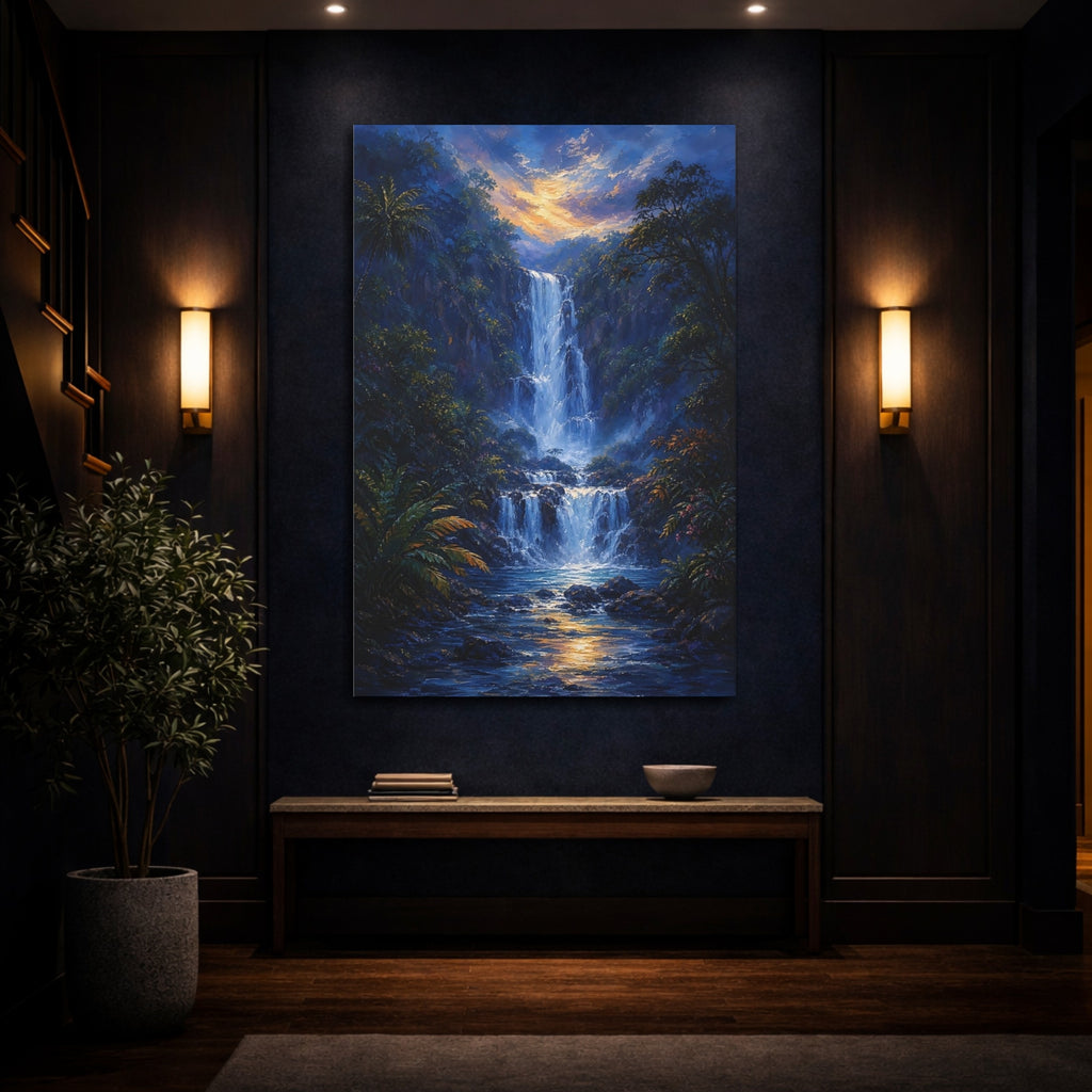 Mockup 4. Nature Waterfall Blue And Gold shown as stretched canvas wall art