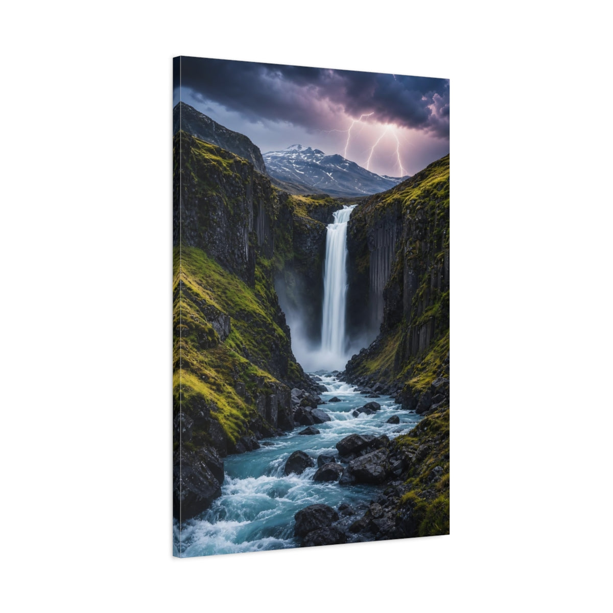 Main Mockup. Nature Waterfall Blue And Green shown as stretched canvas wall art