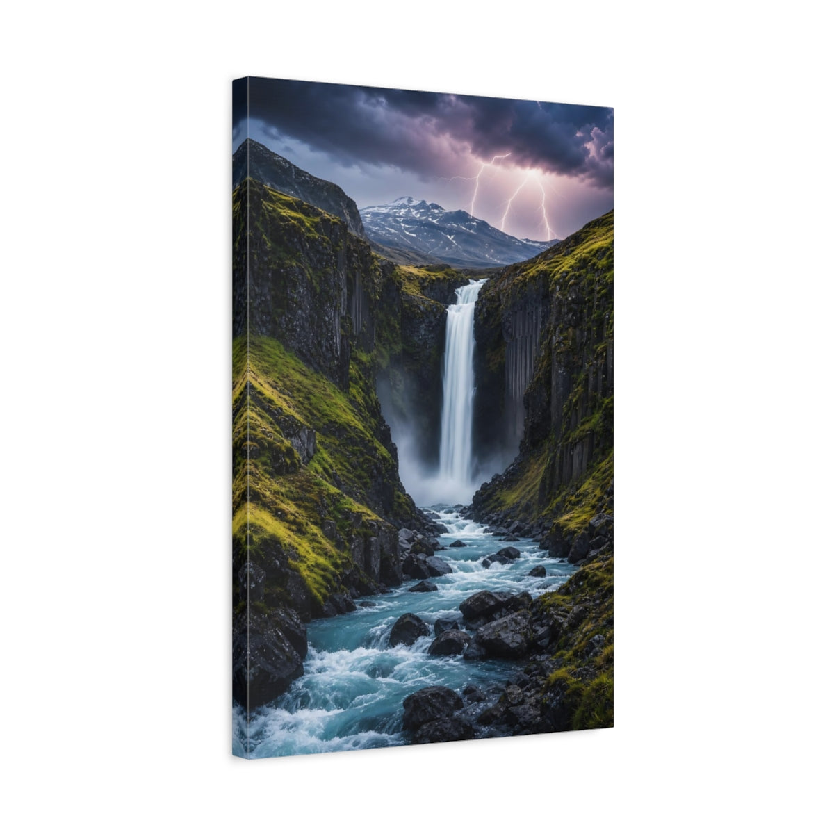 Side Mockup 3. Nature Waterfall Blue And Green shown as stretched canvas wall art