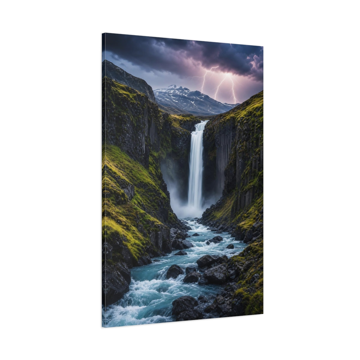 Side Mockup 1. Nature Waterfall Blue And Green shown as stretched canvas wall art