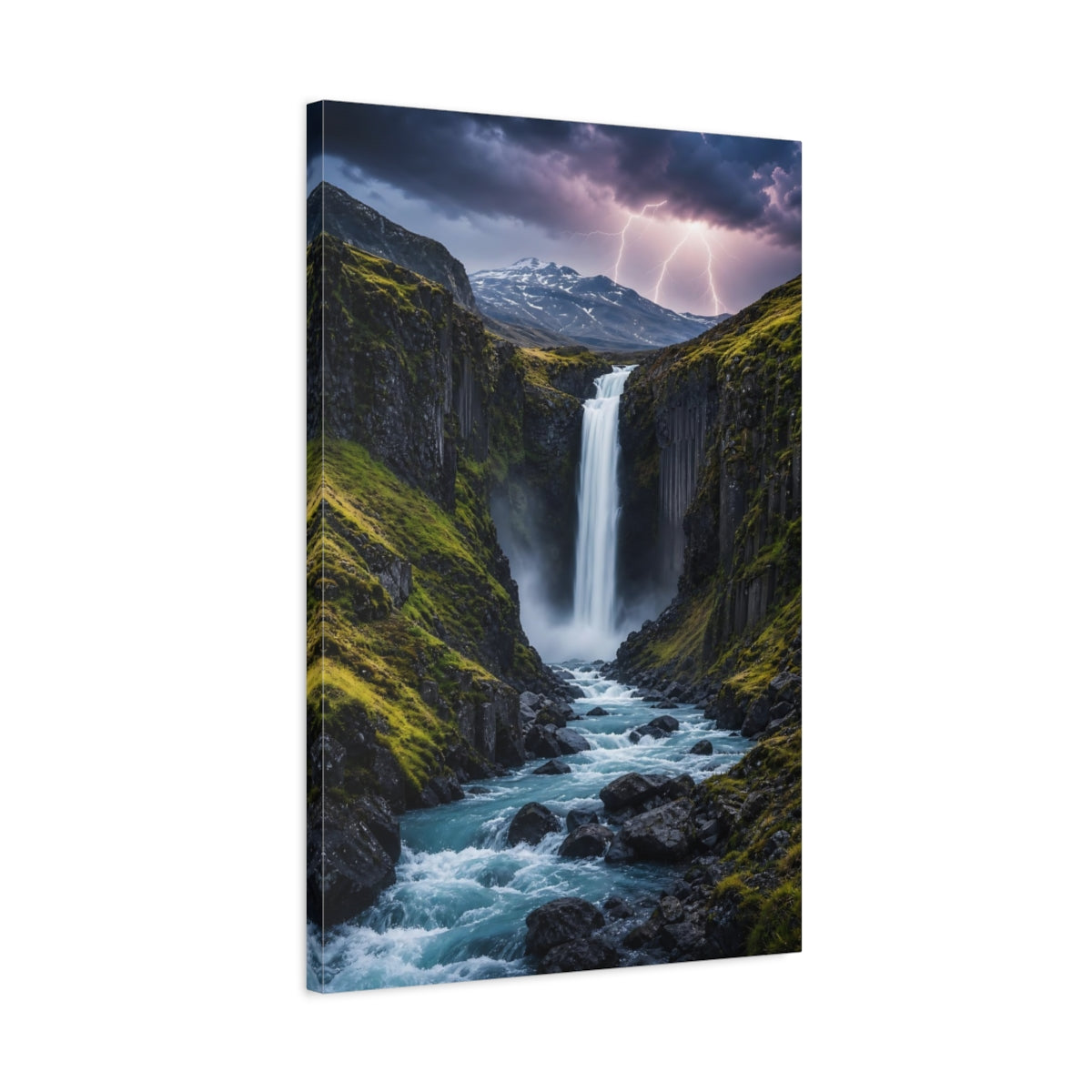 Side Mockup 2. Nature Waterfall Blue And Green shown as stretched canvas wall art