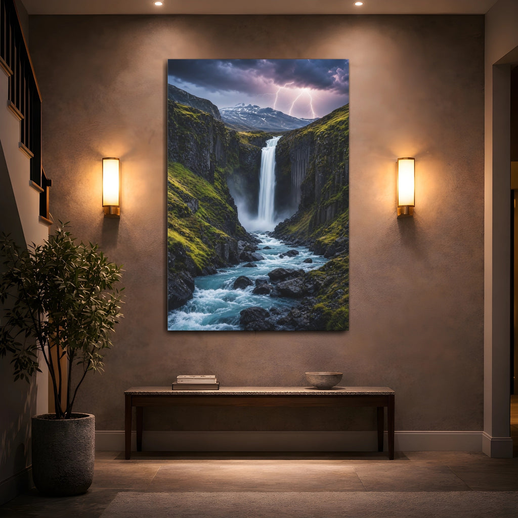 Mockup 2. Nature Waterfall Blue And Green shown as stretched canvas wall art