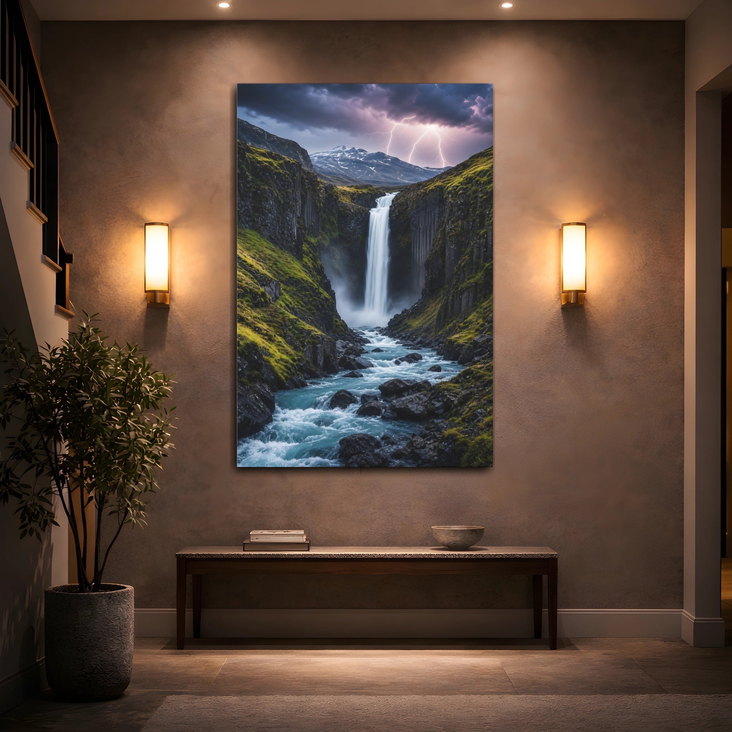 Mockup 2. Nature Waterfall Blue And Green shown as stretched canvas wall art