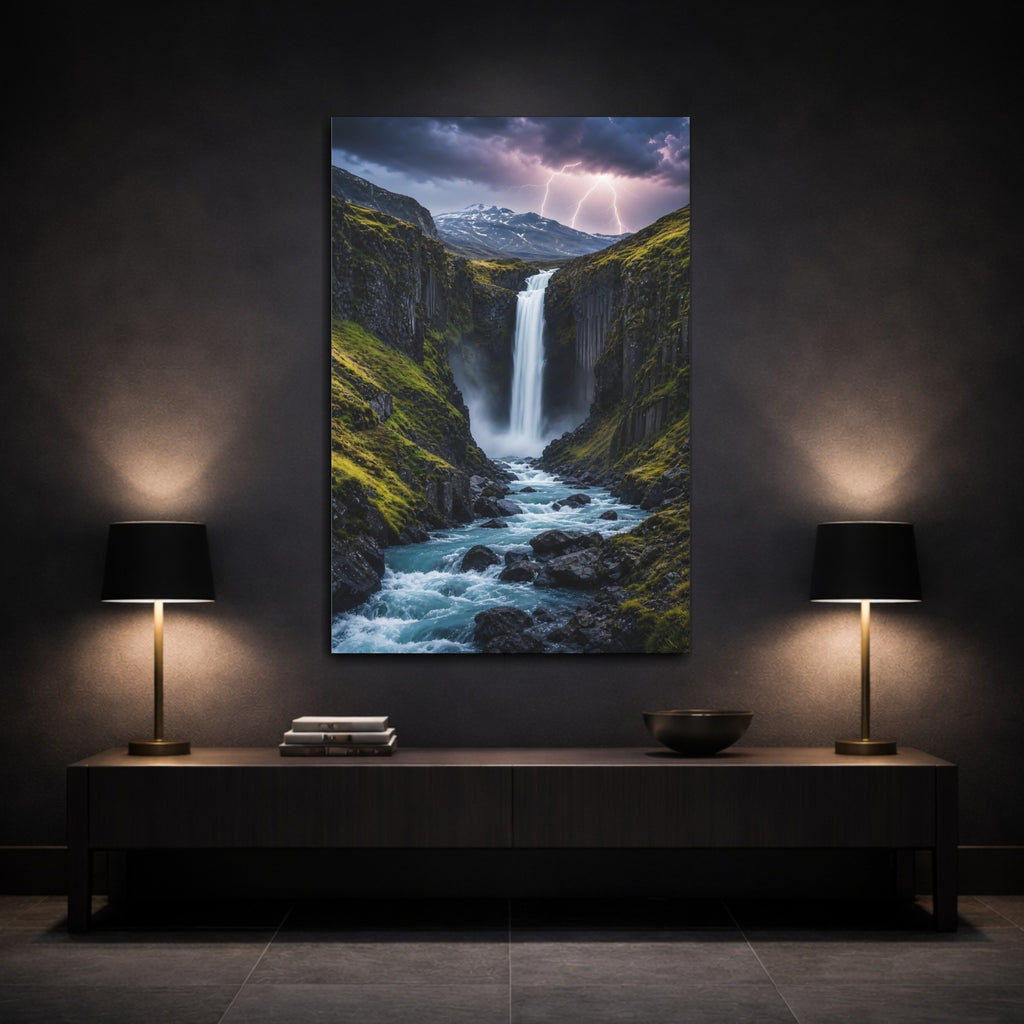 Mockup 3. Nature Waterfall Blue And Green shown as stretched canvas wall art