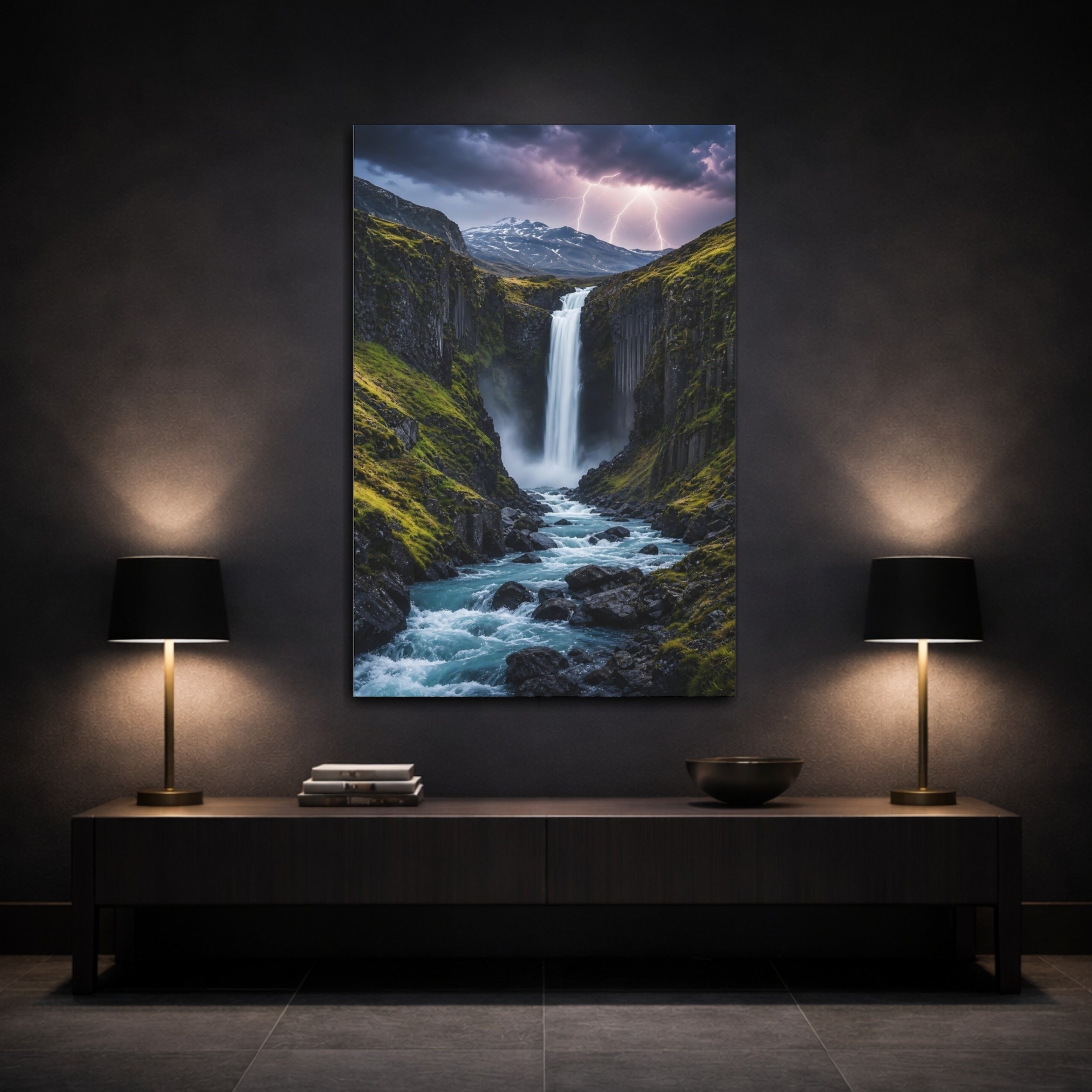 Mockup 3. Nature Waterfall Blue And Green shown as stretched canvas wall art