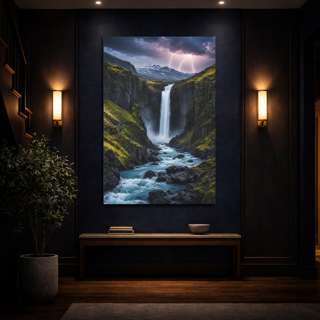 Mockup 4. Nature Waterfall Blue And Green shown as stretched canvas wall art
