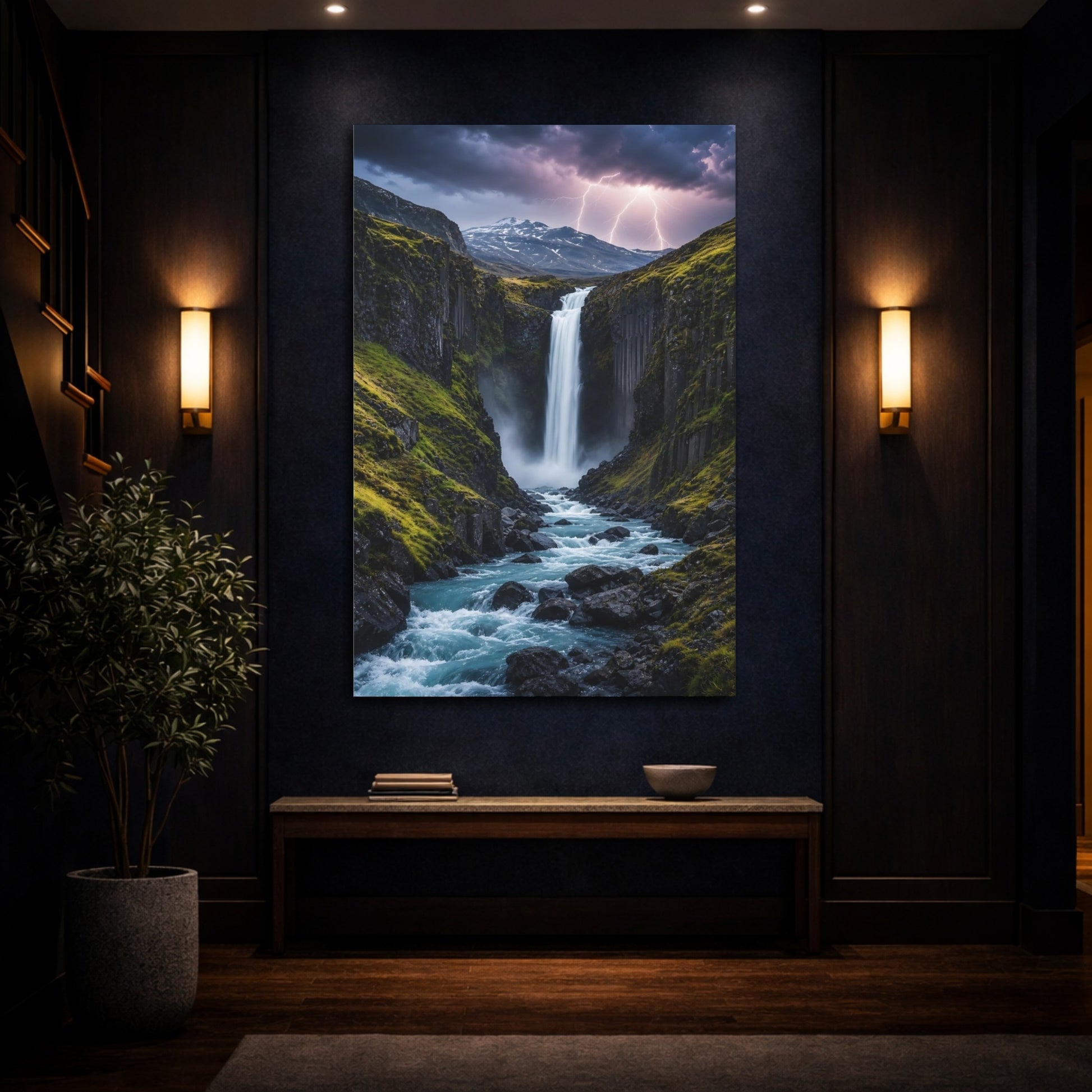 Mockup 4. Nature Waterfall Blue And Green shown as stretched canvas wall art