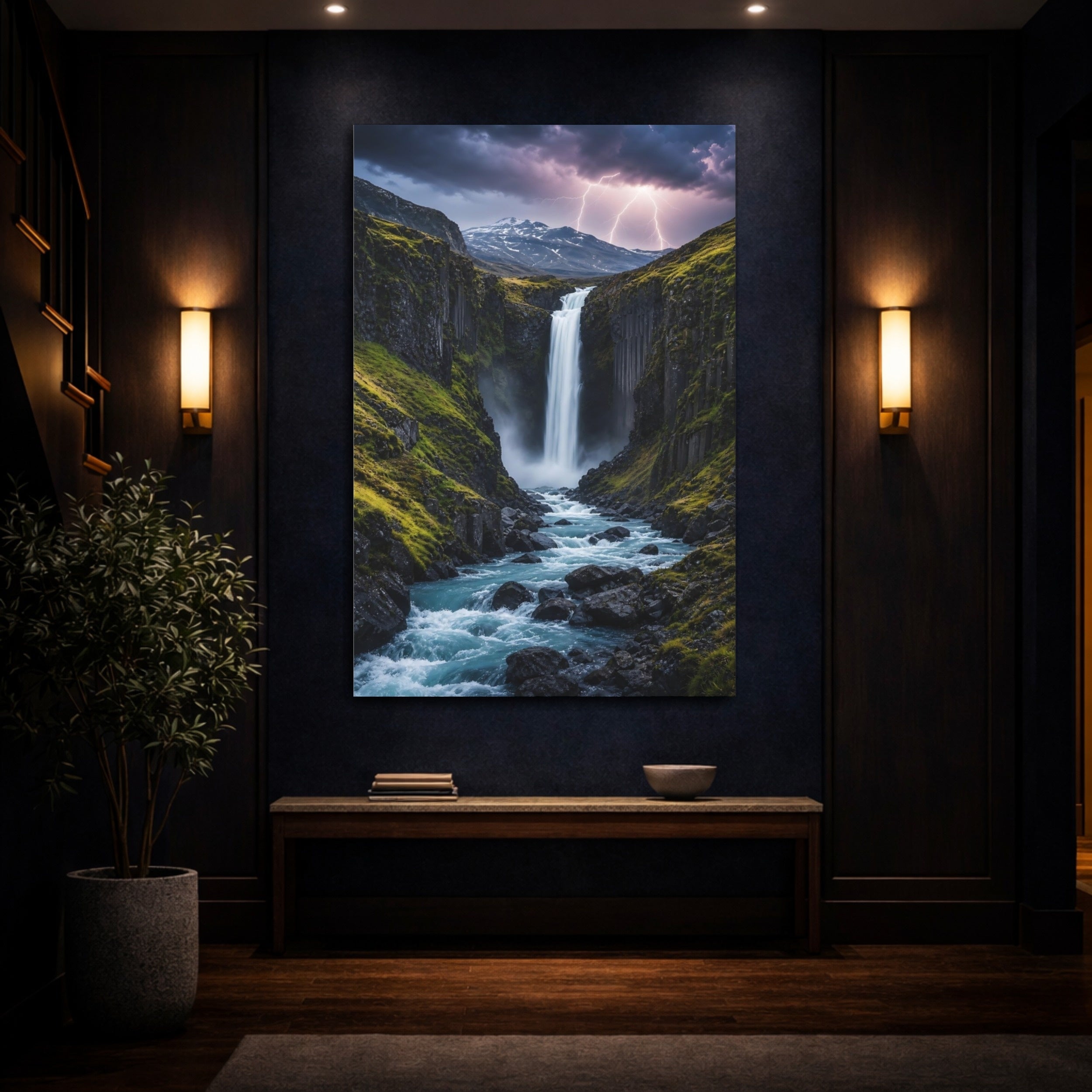 Mockup 4. Nature Waterfall Blue And Green shown as stretched canvas wall art