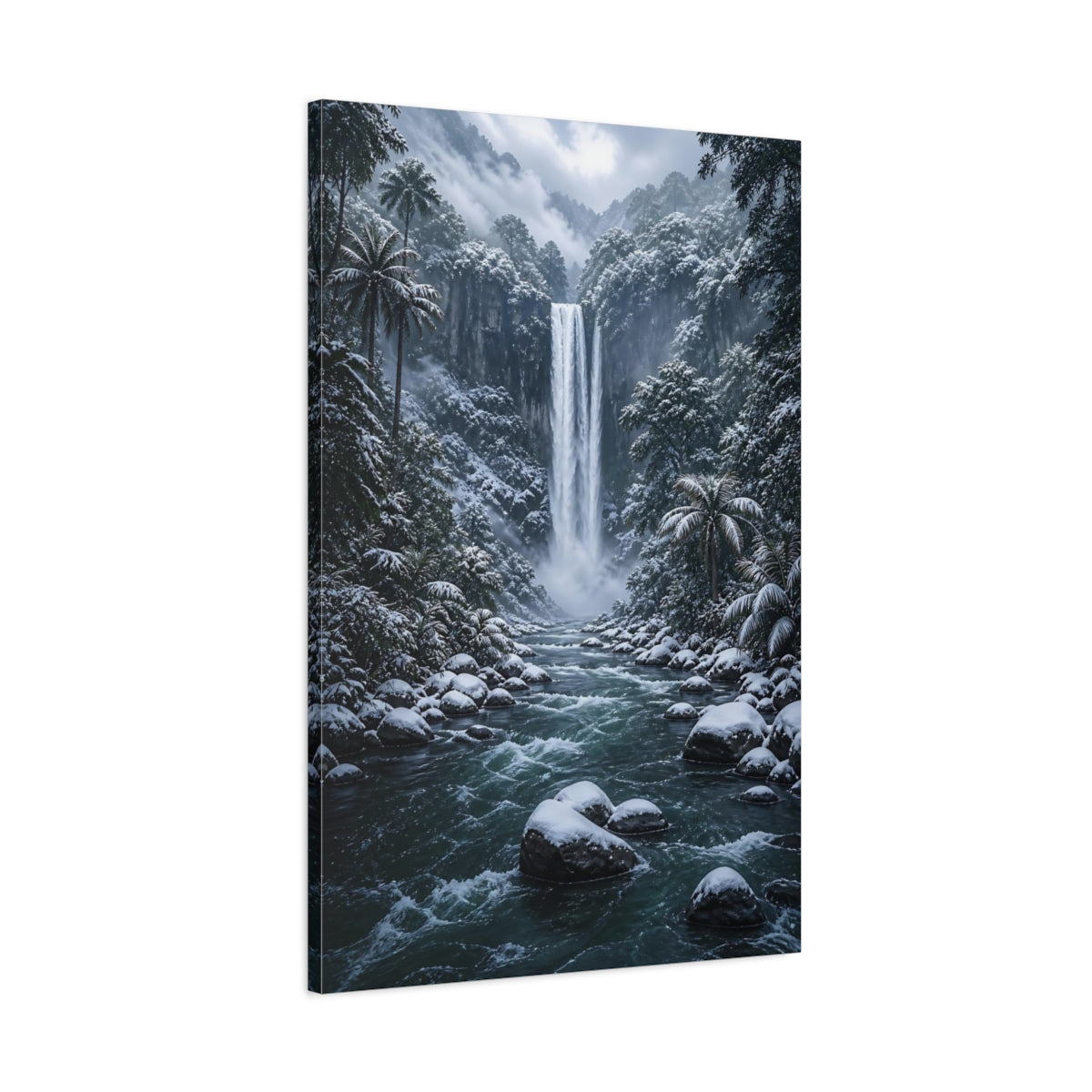 Main Mockup. Nature Waterfall Blue And White Landscape shown as stretched canvas wall art