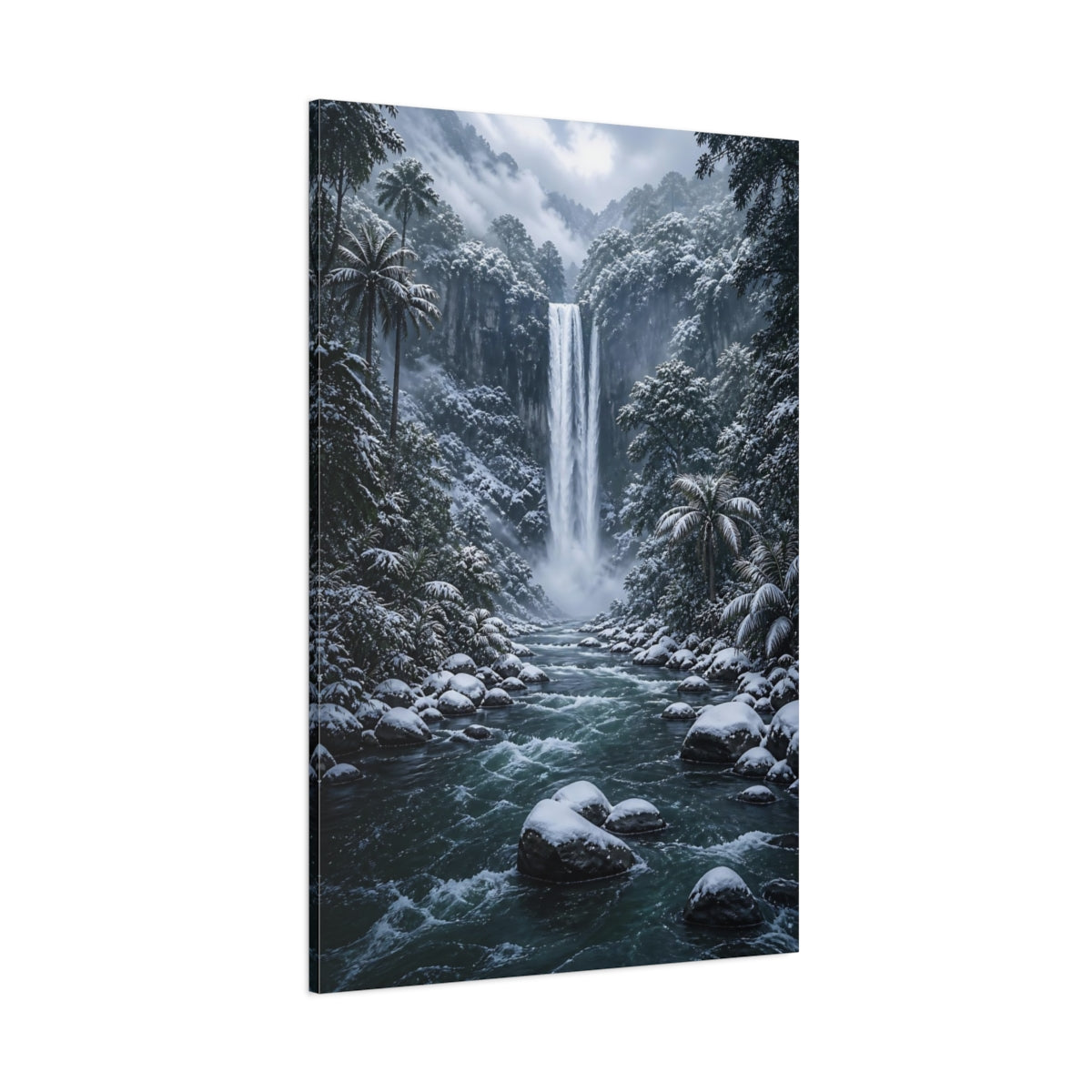 Side Mockup 1. Nature Waterfall Blue And White Landscape shown as stretched canvas wall art