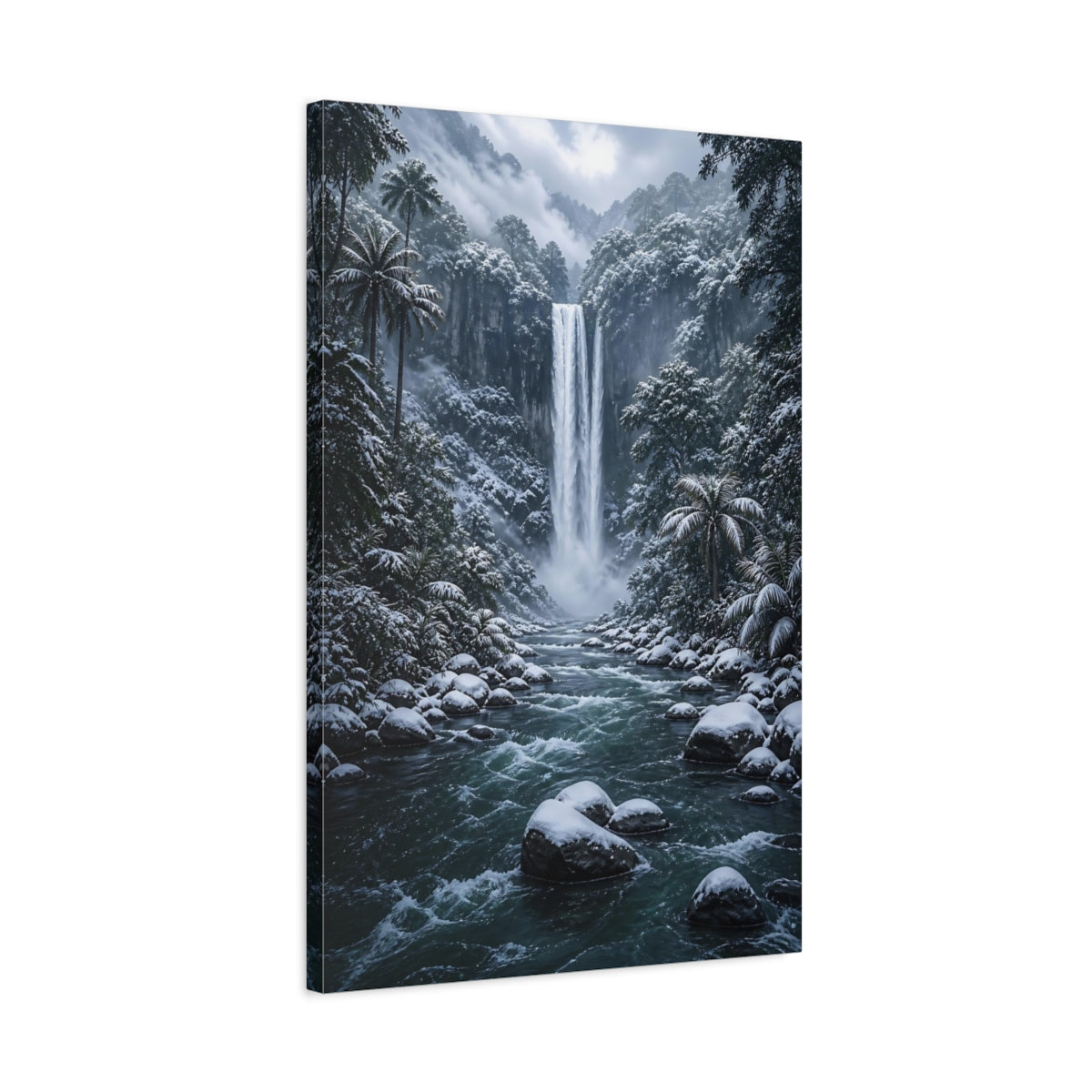 Side Mockup 2. Nature Waterfall Blue And White Landscape shown as stretched canvas wall art