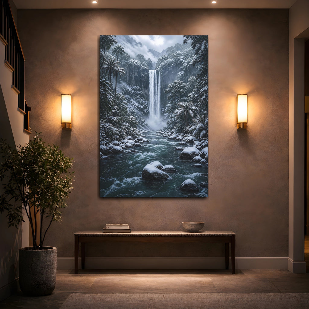 Mockup 2. Nature Waterfall Blue And White Landscape shown as stretched canvas wall art
