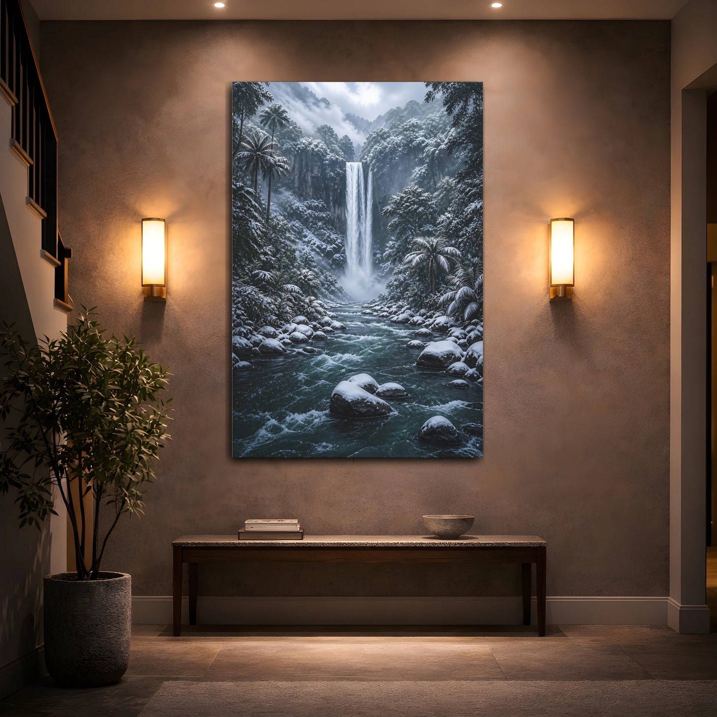 Mockup 2. Nature Waterfall Blue And White Landscape shown as stretched canvas wall art