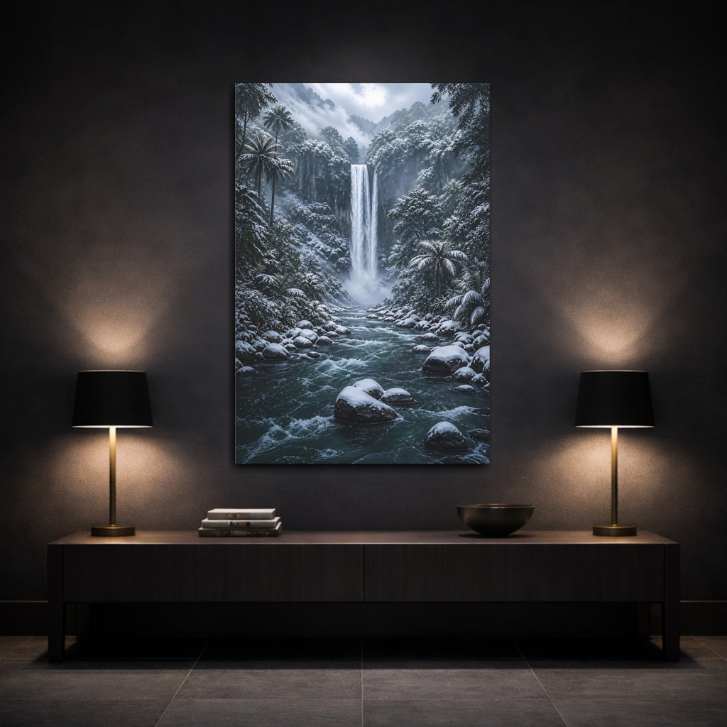Mockup 3. Nature Waterfall Blue And White Landscape shown as stretched canvas wall art