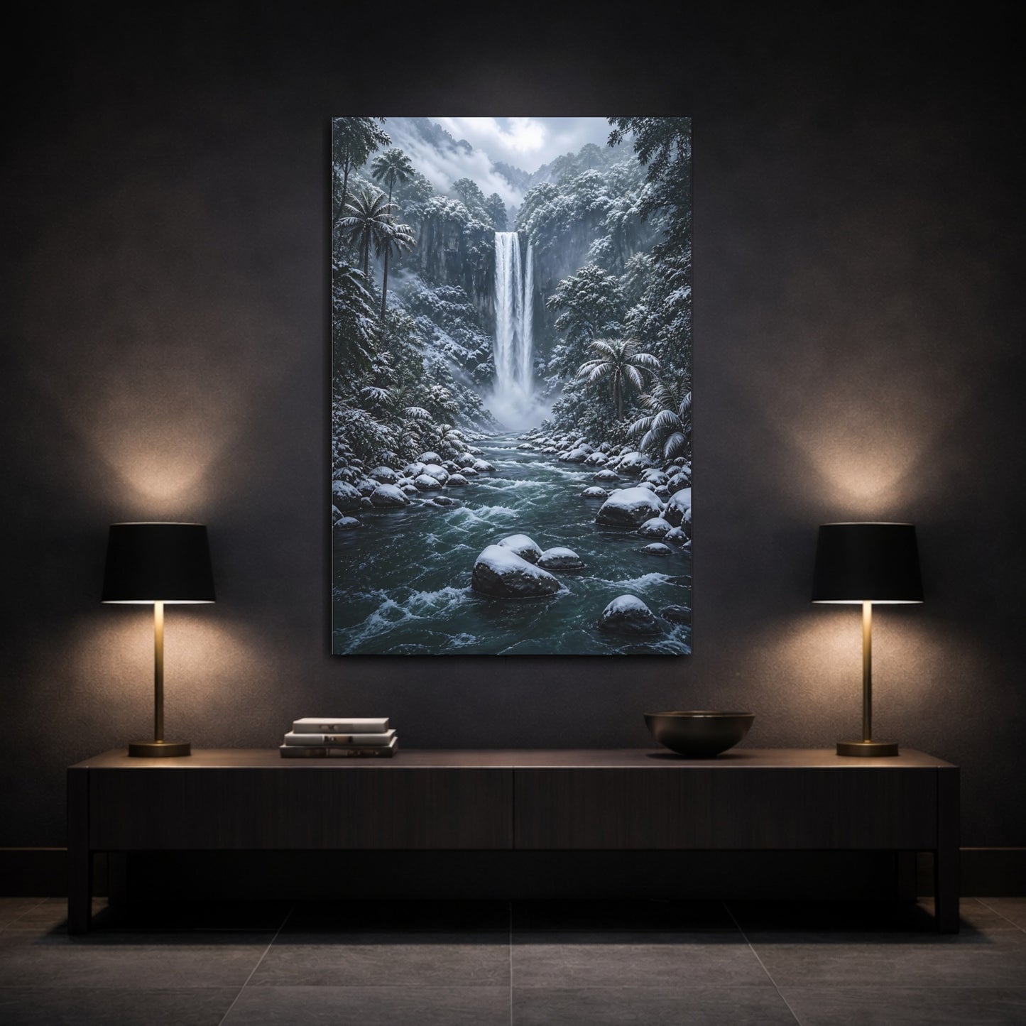 Mockup 3. Nature Waterfall Blue And White Landscape shown as stretched canvas wall art
