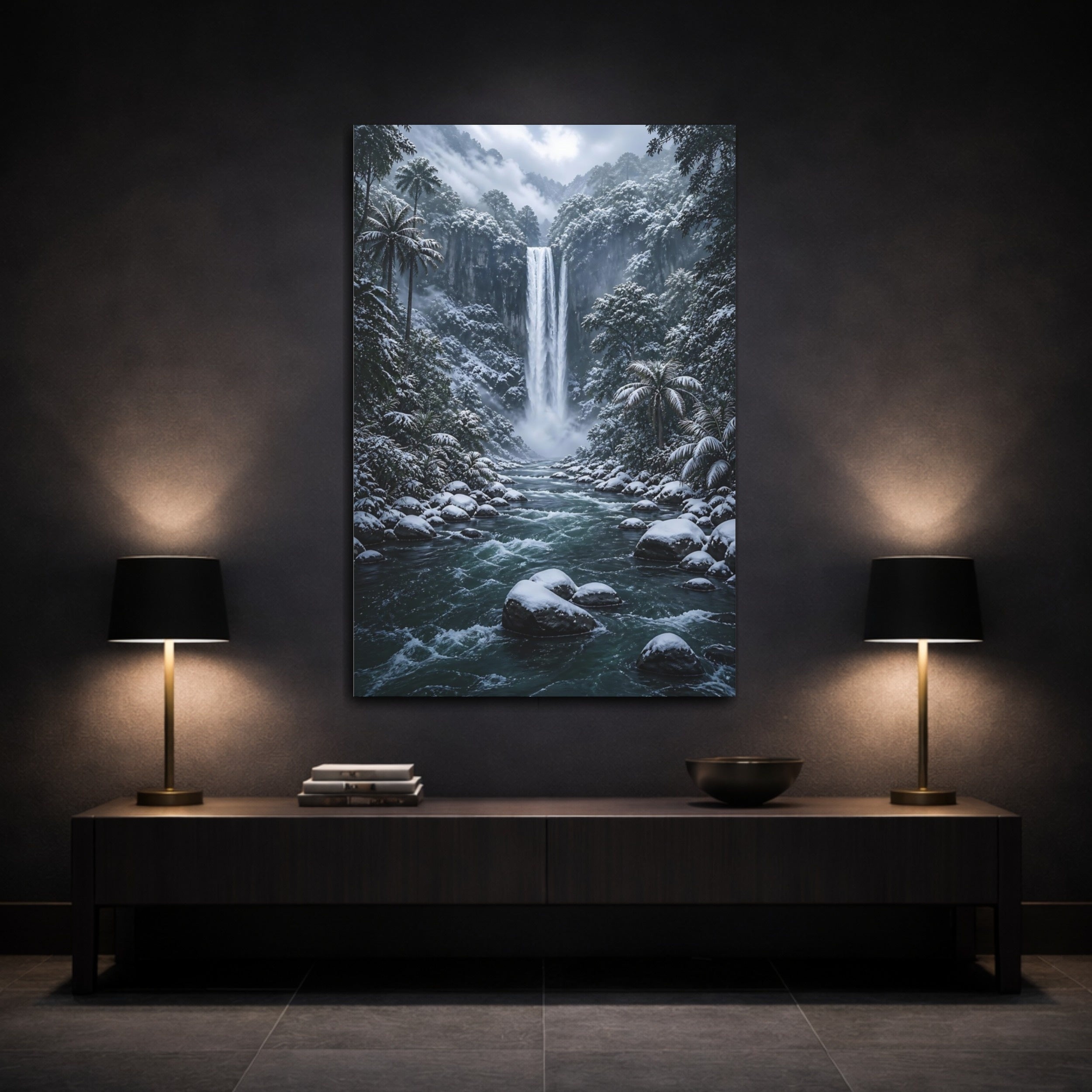 Mockup 3. Nature Waterfall Blue And White Landscape shown as stretched canvas wall art