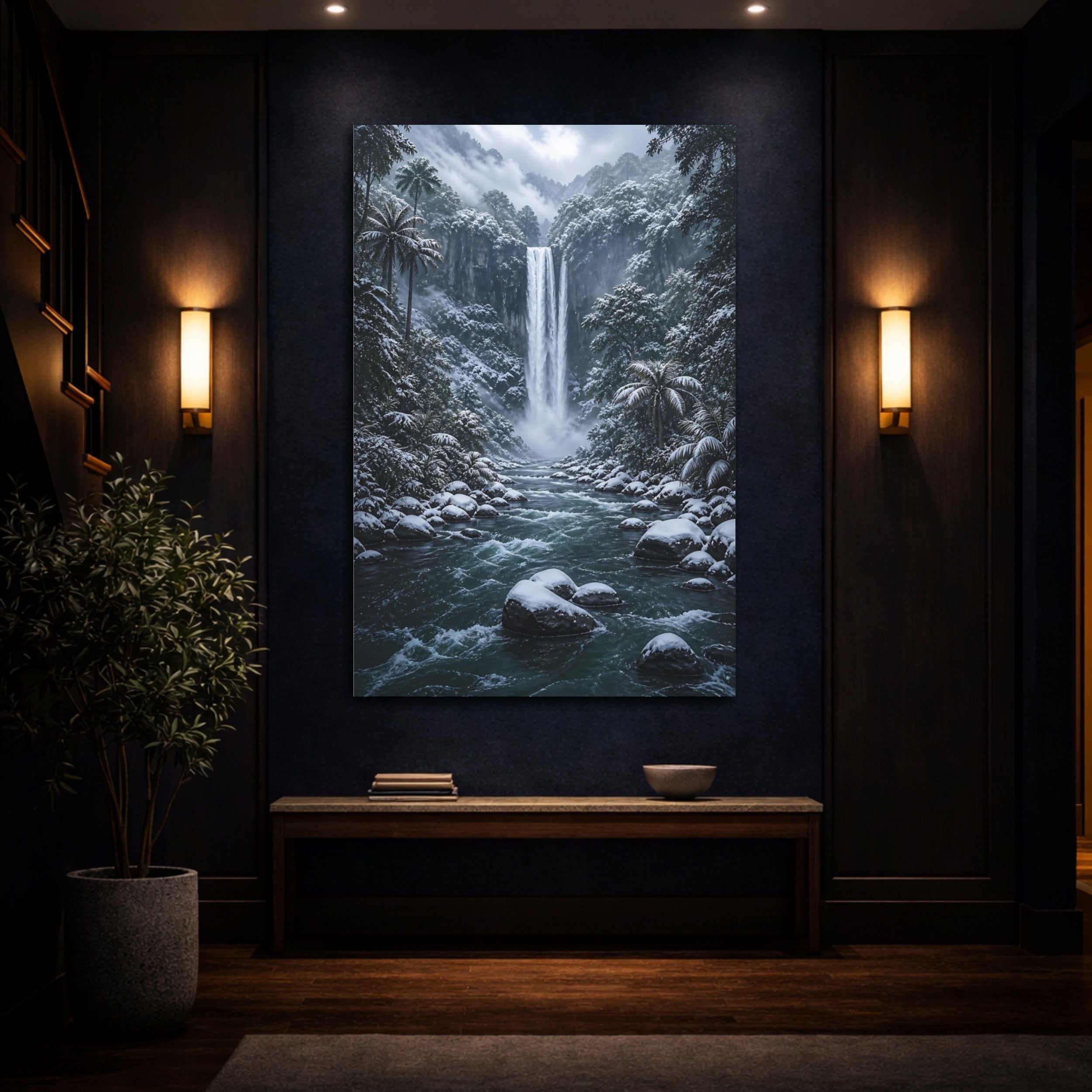 Mockup 4. Nature Waterfall Blue And White Landscape shown as stretched canvas wall art