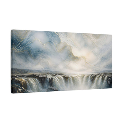 Side Mockup 1. Nature Waterfall Blue Gold Waterfall shown as stretched canvas wall art