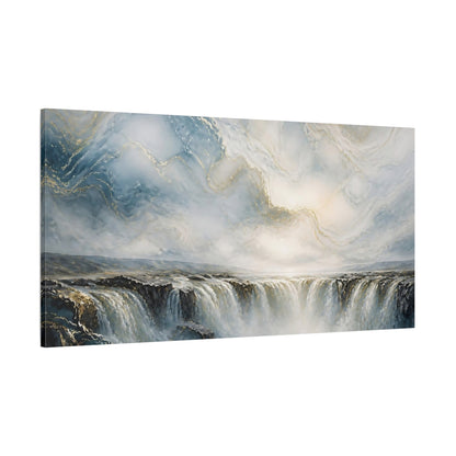 Side Mockup 2. Nature Waterfall Blue Gold Waterfall shown as stretched canvas wall art