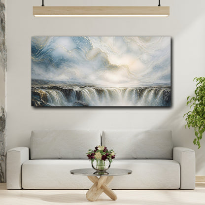 Mockup 2. Nature Waterfall Blue Gold Waterfall shown as stretched canvas wall art