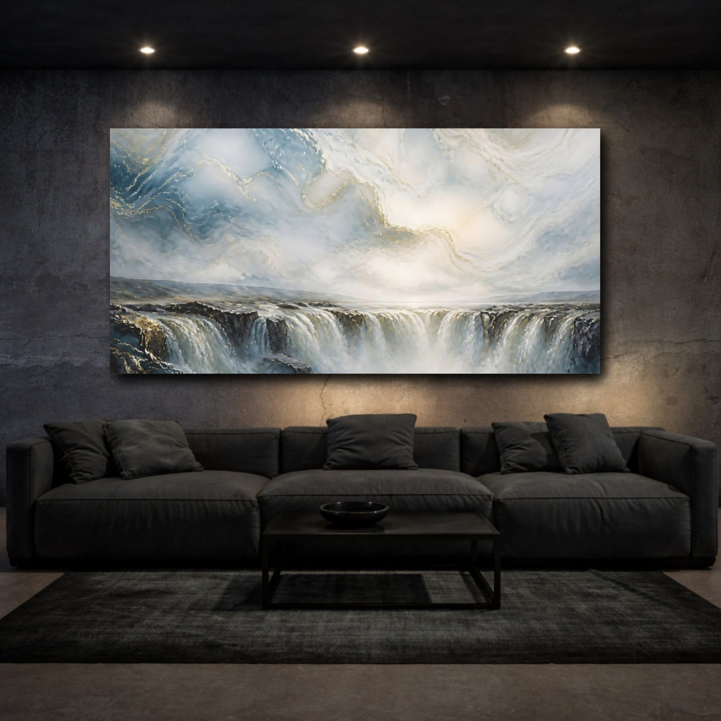 Mockup 3. Nature Waterfall Blue Gold Waterfall shown as stretched canvas wall art