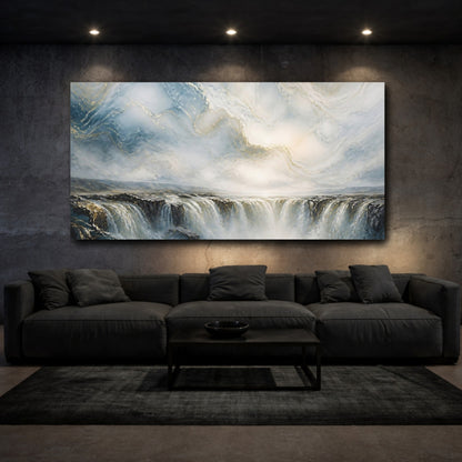 Mockup 3. Nature Waterfall Blue Gold Waterfall shown as stretched canvas wall art