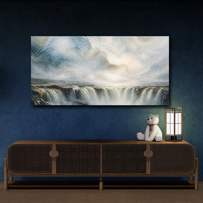Mockup 4. Nature Waterfall Blue Gold Waterfall shown as stretched canvas wall art