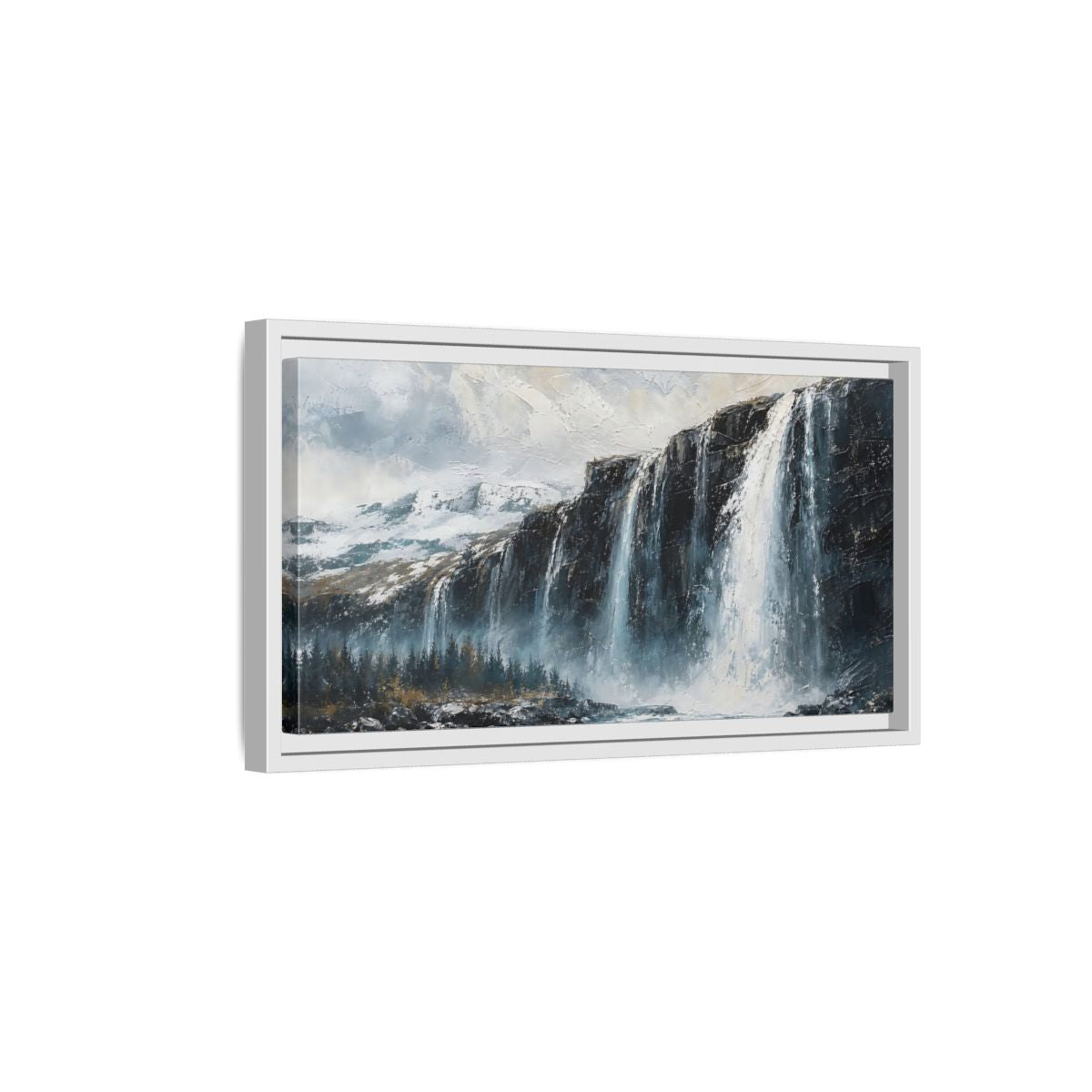 Side Mockup 6. Nature Waterfall Blue Grey Waterfall shown as stretched canvas wall art