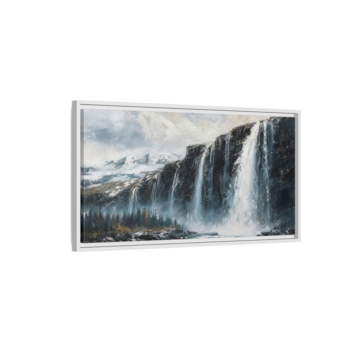 Side Mockup 1. Nature Waterfall Blue Grey Waterfall shown as stretched canvas wall art