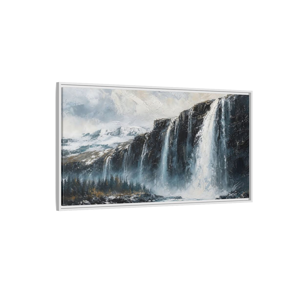 Side Mockup 3. Nature Waterfall Blue Grey Waterfall shown as stretched canvas wall art